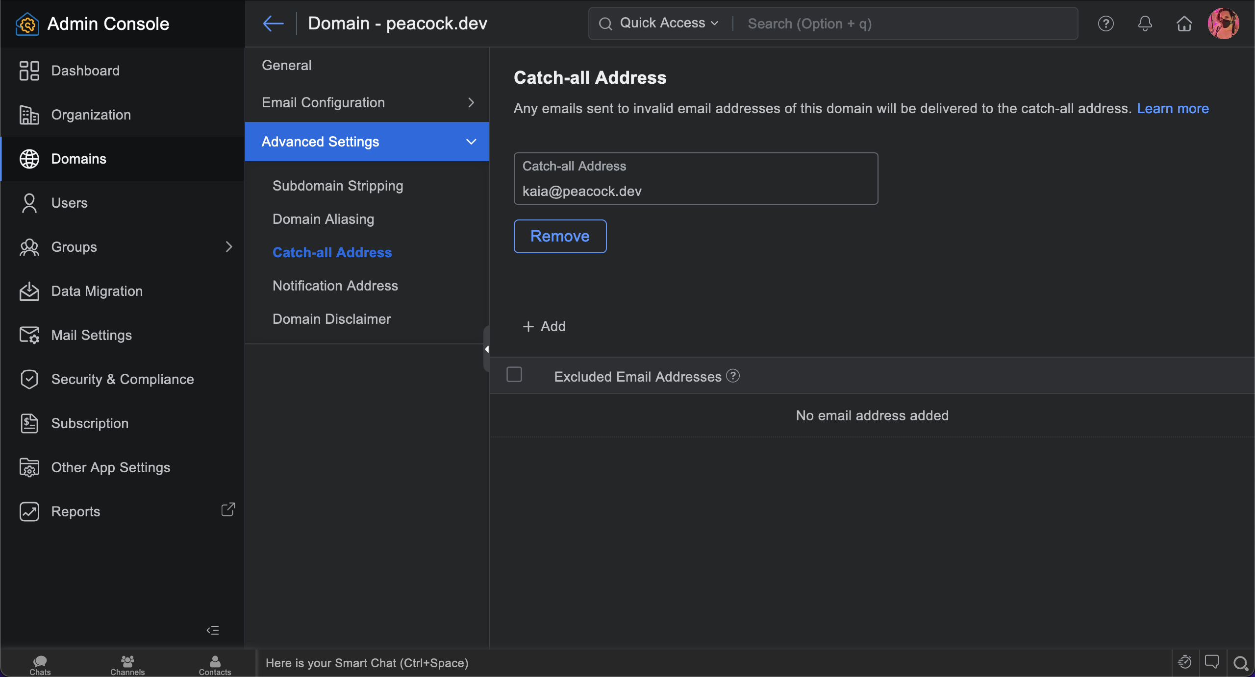 Zoho Dashboard showing the configuration of the catchall address