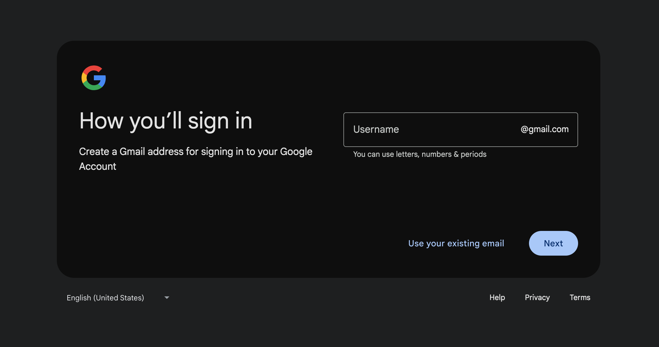 The penultimate step of the Google signup process, where you can click Use Your Existing Email