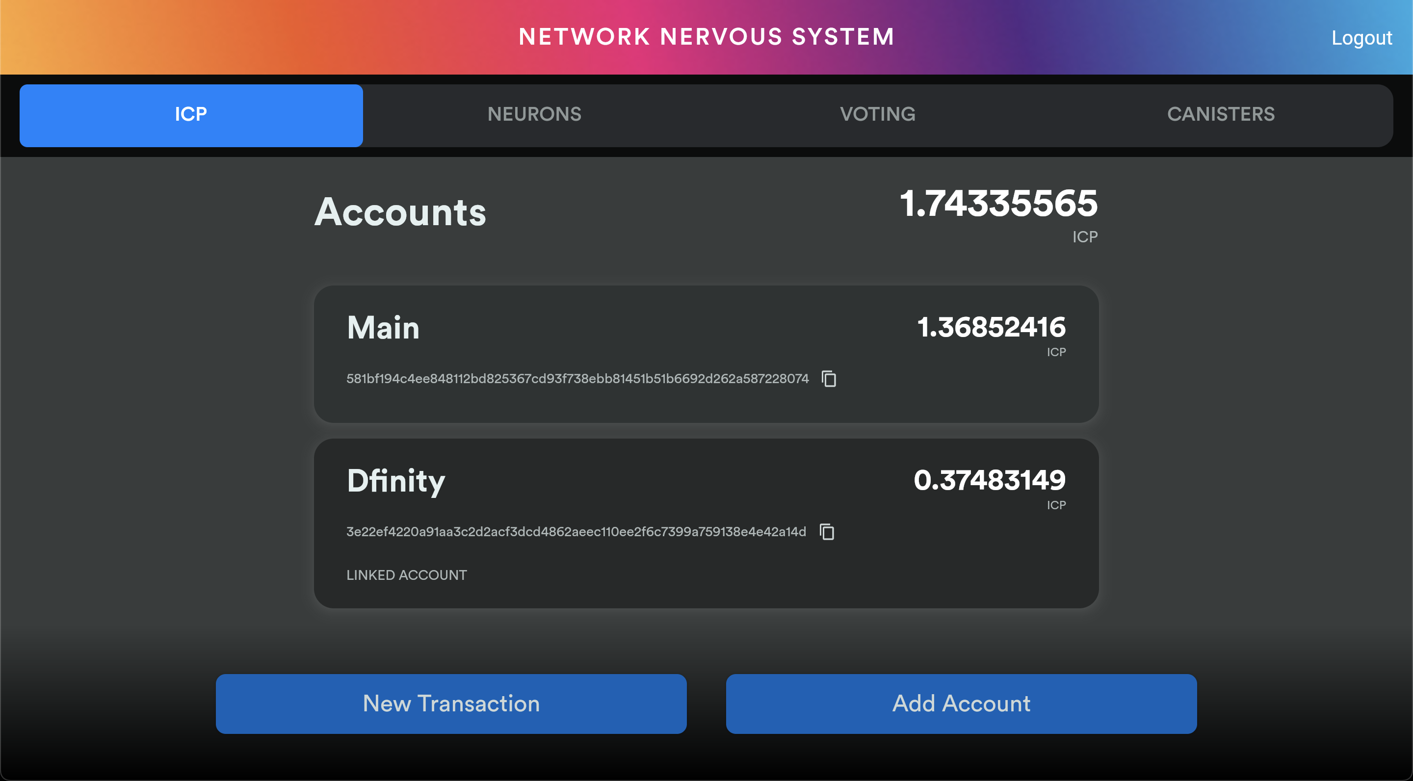 NNS dashboard with funded accounts